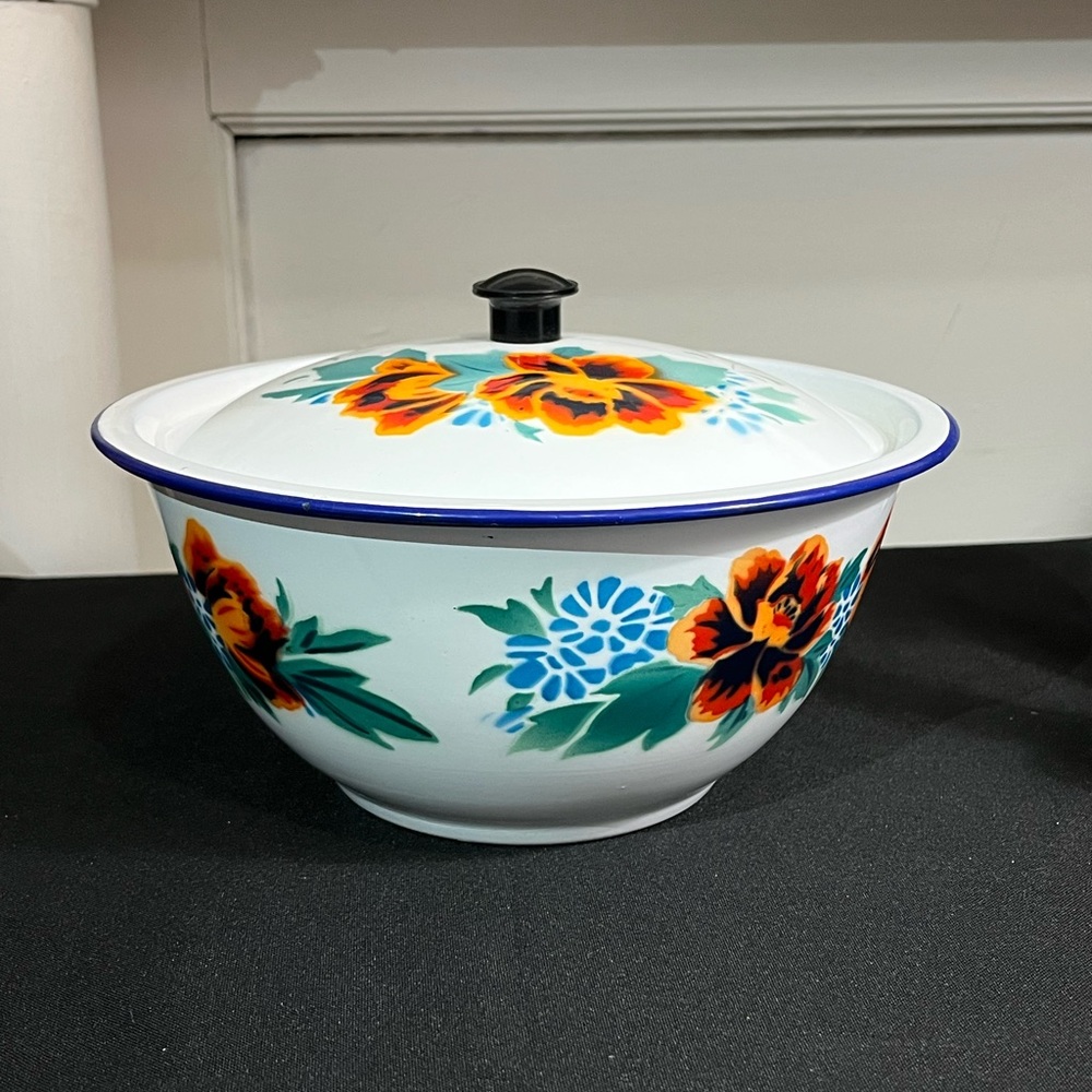 Vintage enamelware lidded bowl mid century collectible floral